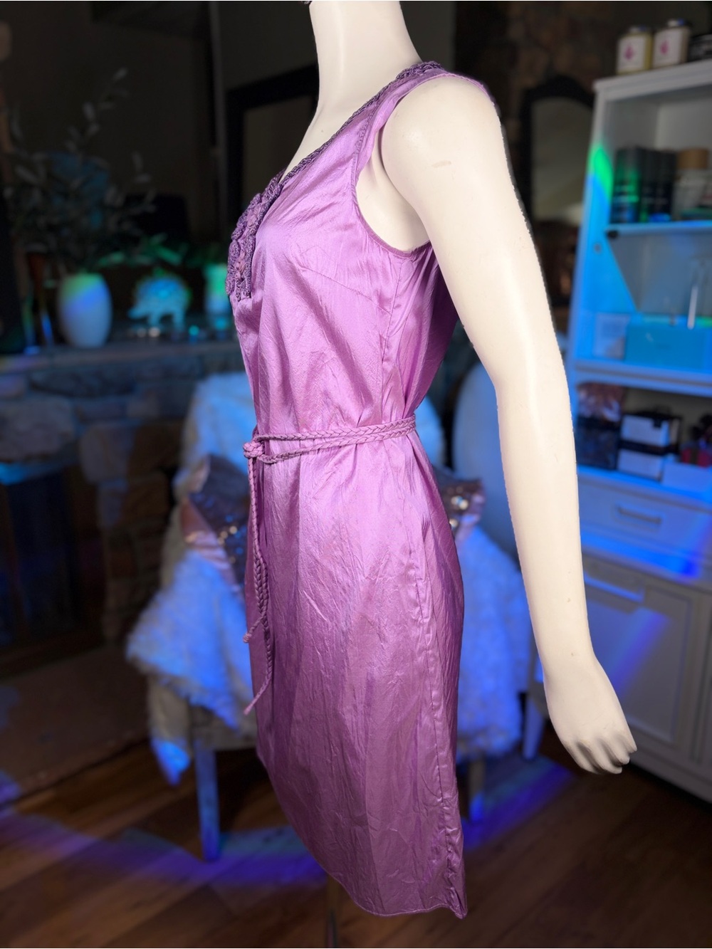 Calypso St. Barth Lilac 100% Silk Cap Sleeve Frog Clasp Front Belted Dress, Sz S - Picture 5 of 14